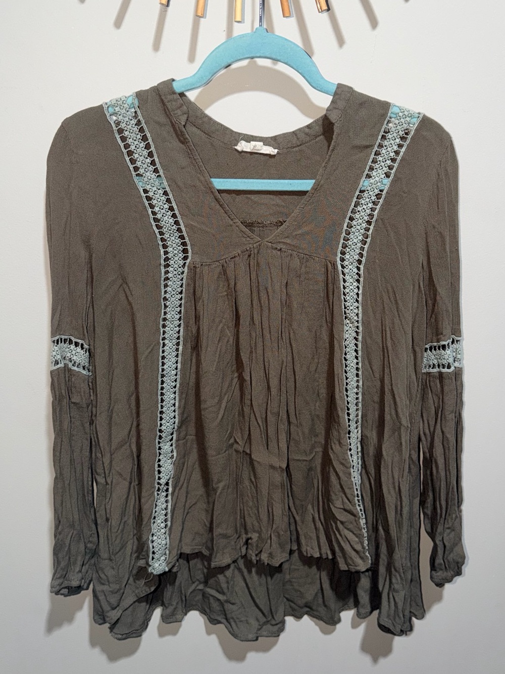 ODDY Olive Green Peasant Tunic with Cream Crochet Trim